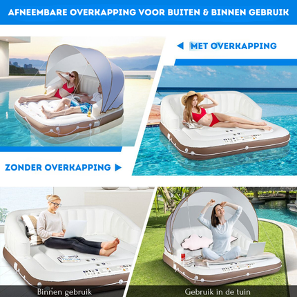 Trendmix Opblaasbaar Zwembadeiland Canopy Island – Met Verstelbaar Afdak – Loungebed Voor 2 Volwassenen – 180 × 160 cm – Inclusief Bekerhouders