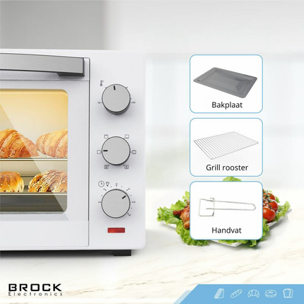 Brock 30L Heteluchtoven met Grill & Timer - 1600W Vrijstaande Mini Oven voor Thuisgebruik – Wit