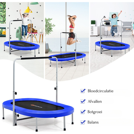 Trendmix XL Dubbele Fitness Trampoline voor 2 personen - 150 kg belasting - Opvouwbare Mini Trampoline Met Verstelbare Leuning - Voor volwassenen en kinderen - 154 x 89 x 92-132 cm - Blauw