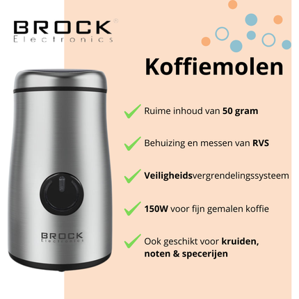 Brock Elektrische Koffiemolen 150W Zilver – Voor Koffiebonen, Kruiden, Noten & Specerijen – Stil, Snel & BPA-vrij – RVS Mes