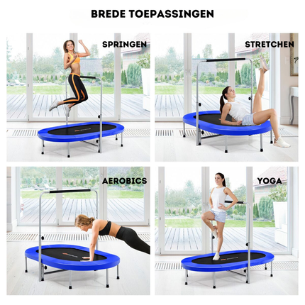 Trendmix XL Dubbele Fitness Trampoline voor 2 personen - 150 kg belasting - Opvouwbare Mini Trampoline Met Verstelbare Leuning - Voor volwassenen en kinderen - 154 x 89 x 92-132 cm - Blauw