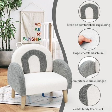 Trendmix Kinderfauteuil Teddy Grijs – Regenboogdesign – Fauteuil Kind 3-5 Jaar – Lounge Stoel met Ergonomisch Ontwerp – 51 × 42 × 51 cm
