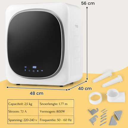 Trendmix Compacte Elektrische Wasdroger 2,5 kg - Draagbare Wasdroger 800 W met Roestvrijstalen Trommel - LED-Touchscreen Slim Drogen - Compacte Wasdroger - Wit