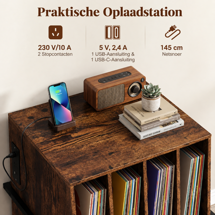 Vinyl Platenkast met Stopcontacten – Platenspeler Meubel met 4 Vakken – Verrijdbaar – Bruin