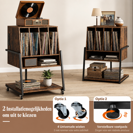 Vinyl Platenkast met Stopcontacten – Platenspeler Meubel met 4 Vakken – Verrijdbaar – Bruin