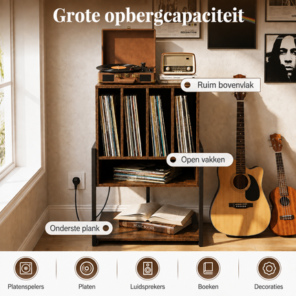 Vinyl Platenkast met Stopcontacten – Platenspeler Meubel met 4 Vakken – Verrijdbaar – Bruin