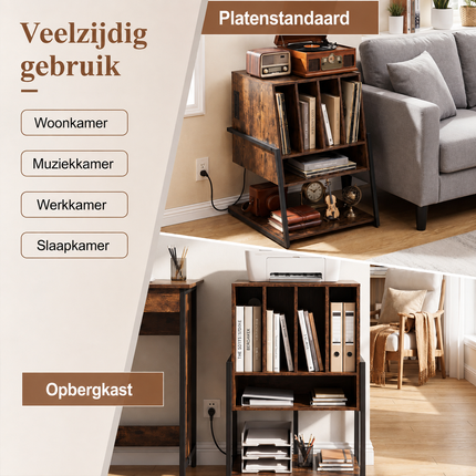 Vinyl Platenkast met Stopcontacten – Platenspeler Meubel met 4 Vakken – Verrijdbaar – Bruin