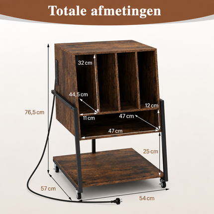 Vinyl Platenkast met Stopcontacten – Platenspeler Meubel met 4 Vakken – Verrijdbaar – Bruin