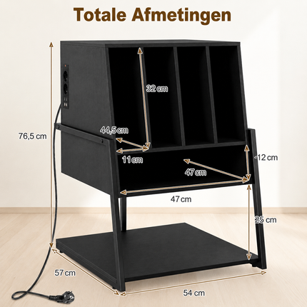 Platenspeler Meubel Zwart met LP Opbergkast – 4 Vinyl Vakken – Stopcontacten, USB &amp; USB-C – Met Wielen
