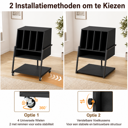 Platenspeler Meubel Zwart met LP Opbergkast – 4 Vinyl Vakken – Stopcontacten, USB &amp; USB-C – Met Wielen