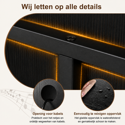 Platenspeler Meubel Zwart met LP Opbergkast – 4 Vinyl Vakken – Stopcontacten, USB &amp; USB-C – Met Wielen