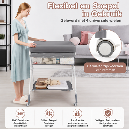 Baby Joy 4-in-1 Inklapbare Babycommode – Grijs – Verstelbaar – Met Wielen, Veiligheidsgordel & Opbergruimte – Luiertafel