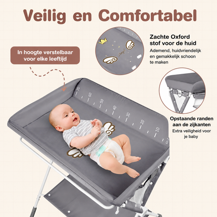 Baby Joy 4-in-1 Inklapbare Babycommode – Grijs – Verstelbaar – Met Wielen, Veiligheidsgordel & Opbergruimte – Luiertafel