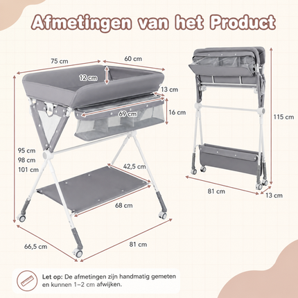 Baby Joy 4-in-1 Inklapbare Babycommode – Grijs – Verstelbaar – Met Wielen, Veiligheidsgordel & Opbergruimte – Luiertafel