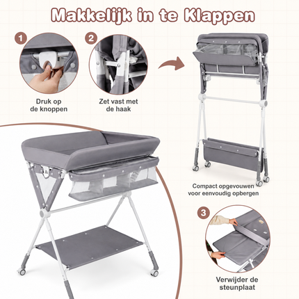 Baby Joy 4-in-1 Inklapbare Babycommode – Grijs – Verstelbaar – Met Wielen, Veiligheidsgordel & Opbergruimte – Luiertafel