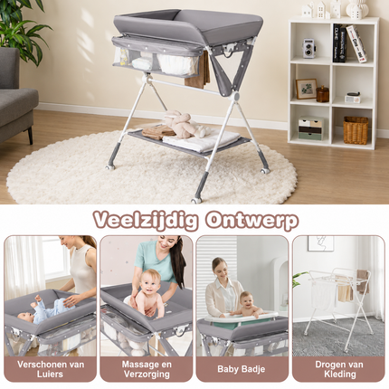 Baby Joy 4-in-1 Inklapbare Babycommode – Grijs – Verstelbaar – Met Wielen, Veiligheidsgordel & Opbergruimte – Luiertafel