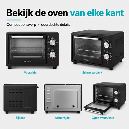 BROCK Elektrische Mini Oven 9L – Vrijstaande Compacte Oven – 650W – 100-230°C – Kleine Bakoven voor Camping of Keuken – Zwart
