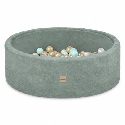 Trendmix Luxe Ronde Ballenbak voor Kinderen en Baby's – Ballenbad 90x30 cm – Groen Premium Chenille – 200 Kleurrijke Ballen 6 cm Parel, Mint & Goud