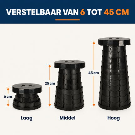 Trendmix Opvouwbare Kruk Verstelbaar & Lichtgewicht Zwart – Compacte Telescopische Kruk Voor Festival, Concert, Camping & Reizen