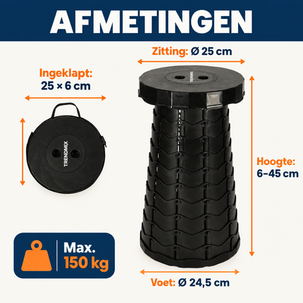 Trendmix Opvouwbare Kruk Verstelbaar & Lichtgewicht Zwart – Compacte Telescopische Kruk Voor Festival, Concert, Camping & Reizen