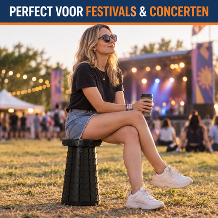 Trendmix Opvouwbare Kruk Verstelbaar & Lichtgewicht Zwart – Compacte Telescopische Kruk Voor Festival, Concert, Camping & Reizen