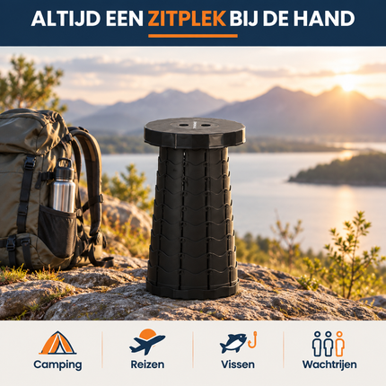 Trendmix Opvouwbare Kruk Verstelbaar & Lichtgewicht Zwart – Compacte Telescopische Kruk Voor Festival, Concert, Camping & Reizen