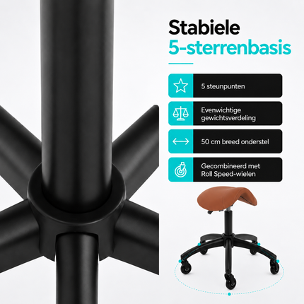 Gabbiano Kapperskruk Bruin – Ergonomische Zadelkruk met Gasveer – Professionele Werkstoel met Wielen