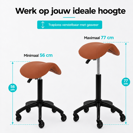 Gabbiano Kapperskruk Bruin – Ergonomische Zadelkruk met Gasveer – Professionele Werkstoel met Wielen