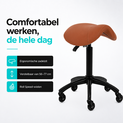 Gabbiano Kapperskruk Bruin – Ergonomische Zadelkruk met Gasveer – Professionele Werkstoel met Wielen