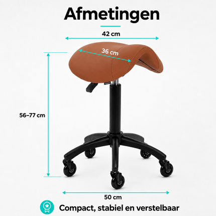 Gabbiano Kapperskruk Bruin – Ergonomische Zadelkruk met Gasveer – Professionele Werkstoel met Wielen