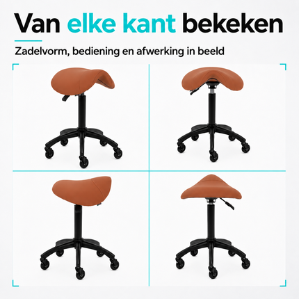 Gabbiano Kapperskruk Bruin – Ergonomische Zadelkruk met Gasveer – Professionele Werkstoel met Wielen
