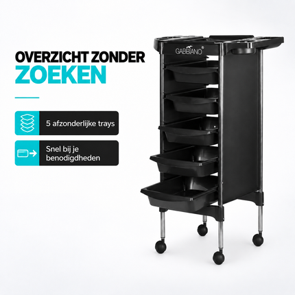 Gabbiano Kappersassistent FX11-5 – Professionele Kapperswagen Met 5 Trays En Föhnhouder – Verrijdbare Salon Trolley Op Wielen – Zwart