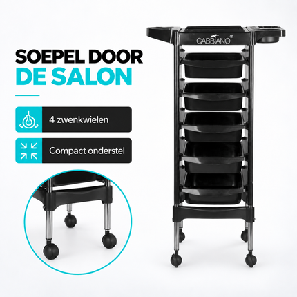 Gabbiano Kappersassistent FX11-5 – Professionele Kapperswagen Met 5 Trays En Föhnhouder – Verrijdbare Salon Trolley Op Wielen – Zwart