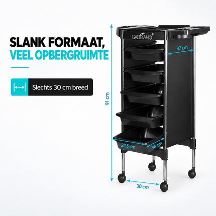 Gabbiano Kappersassistent FX11-5 – Professionele Kapperswagen Met 5 Trays En Föhnhouder – Verrijdbare Salon Trolley Op Wielen – Zwart