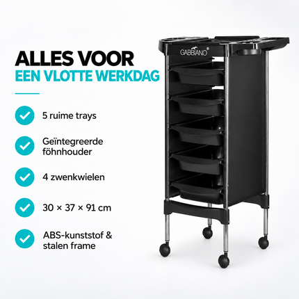 Gabbiano Kappersassistent FX11-5 – Professionele Kapperswagen Met 5 Trays En Föhnhouder – Verrijdbare Salon Trolley Op Wielen – Zwart