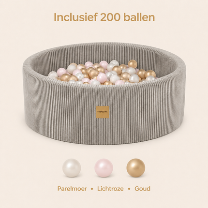Trendmix Luxe Ronde Ballenbak voor Kinderen en Baby's - Ballenbad 90x30cm Beige Corduroy - 200 Kleurrijke Ballen 6cm Parelmoer, Lichtroze, Goud