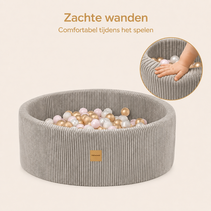 Trendmix Luxe Ronde Ballenbak voor Kinderen en Baby's - Ballenbad 90x30cm Beige Corduroy - 200 Kleurrijke Ballen 6cm Parelmoer, Lichtroze, Goud