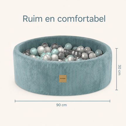 Luxe Ronde Ballenbak 90x30 cm met 200 Ballen – Blauw Corduroy Ballenbad voor Baby & Peuter – Trendmix Educatief Speelplezier