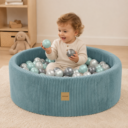 Luxe Ronde Ballenbak 90x30 cm met 200 Ballen – Blauw Corduroy Ballenbad voor Baby & Peuter – Trendmix Educatief Speelplezier