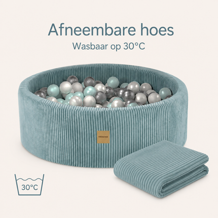 Luxe Ronde Ballenbak 90x30 cm met 200 Ballen – Blauw Corduroy Ballenbad voor Baby & Peuter – Trendmix Educatief Speelplezier