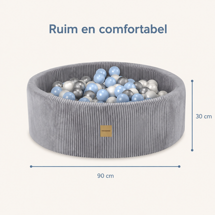 Trendmix Luxe Ronde Ballenbak 90x30 cm – Corduroy – Lichtgrijs – 200 Ballen in Parelmoer, Lichtblauw en Zilver