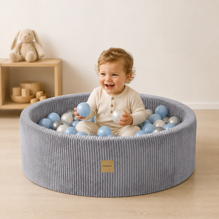 Trendmix Luxe Ronde Ballenbak 90x30 cm – Corduroy – Lichtgrijs – 200 Ballen in Parelmoer, Lichtblauw en Zilver