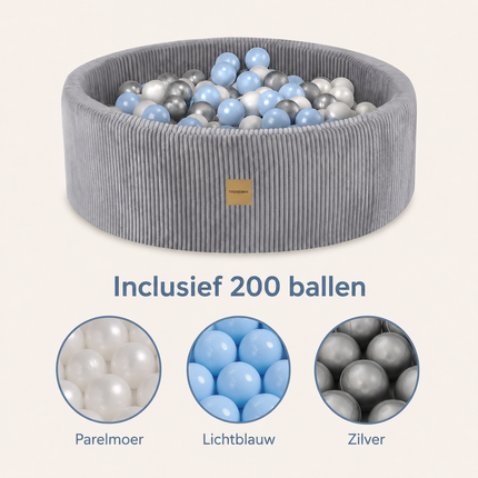 Trendmix Luxe Ronde Ballenbak 90x30 cm – Corduroy – Lichtgrijs – 200 Ballen in Parelmoer, Lichtblauw en Zilver