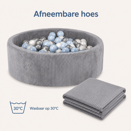 Trendmix Luxe Ronde Ballenbak 90x30 cm – Corduroy – Lichtgrijs – 200 Ballen in Parelmoer, Lichtblauw en Zilver