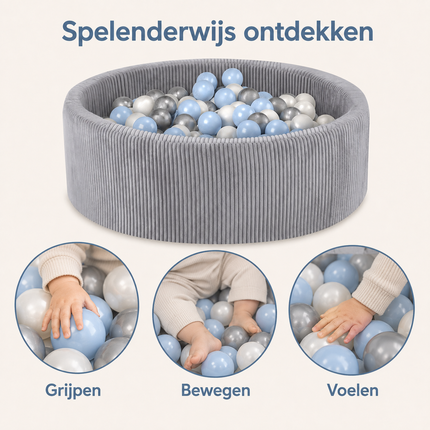 Trendmix Luxe Ronde Ballenbak 90x30 cm – Corduroy – Lichtgrijs – 200 Ballen in Parelmoer, Lichtblauw en Zilver