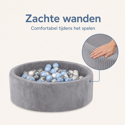 Trendmix Luxe Ronde Ballenbak 90x30 cm – Corduroy – Lichtgrijs – 200 Ballen in Parelmoer, Lichtblauw en Zilver