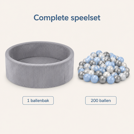 Trendmix Luxe Ronde Ballenbak 90x30 cm – Corduroy – Lichtgrijs – 200 Ballen in Parelmoer, Lichtblauw en Zilver