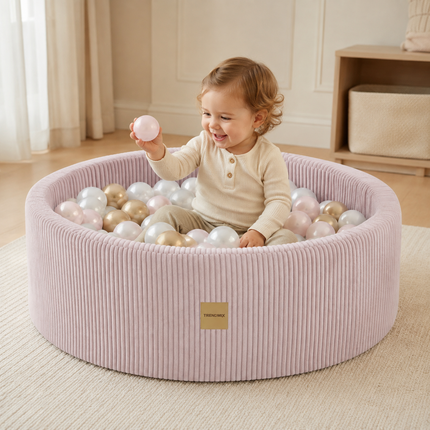 Luxe Ronde Ballenbak 90x30 cm met 200 Ballen – Roze Corduroy Ballenbad voor Baby & Peuter – Trendmix Educatief Speelplezier