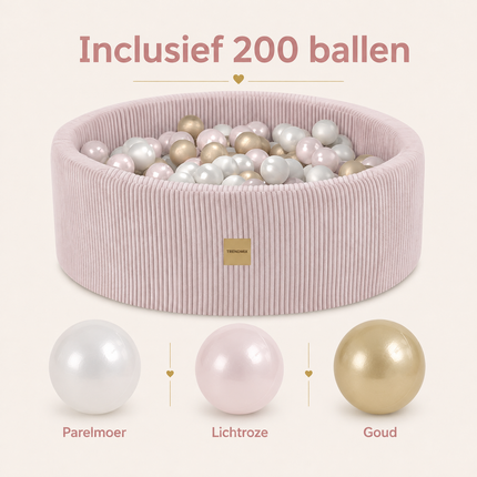 Luxe Ronde Ballenbak 90x30 cm met 200 Ballen – Roze Corduroy Ballenbad voor Baby & Peuter – Trendmix Educatief Speelplezier