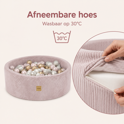 Luxe Ronde Ballenbak 90x30 cm met 200 Ballen – Roze Corduroy Ballenbad voor Baby & Peuter – Trendmix Educatief Speelplezier
